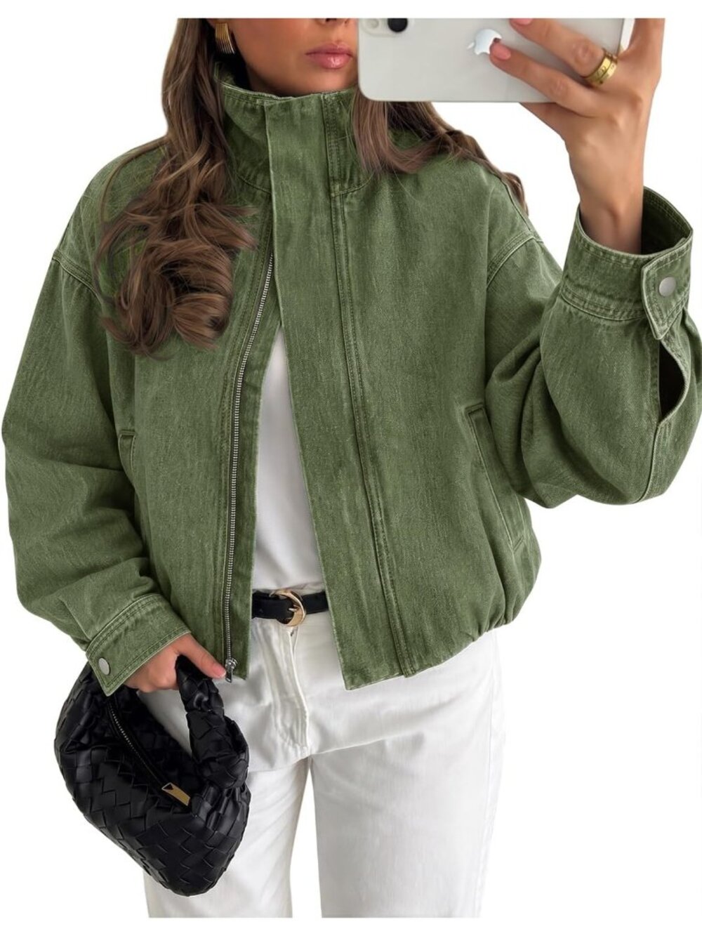 Women’s Green Funnel Neck Cropped Denim ZIP Up Casual Jean Coat Bomber Jacket